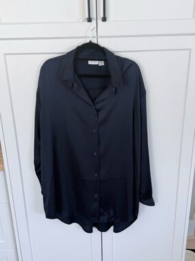 Navy Satin Button-Up Blouse | Size Large | Oversized Fit